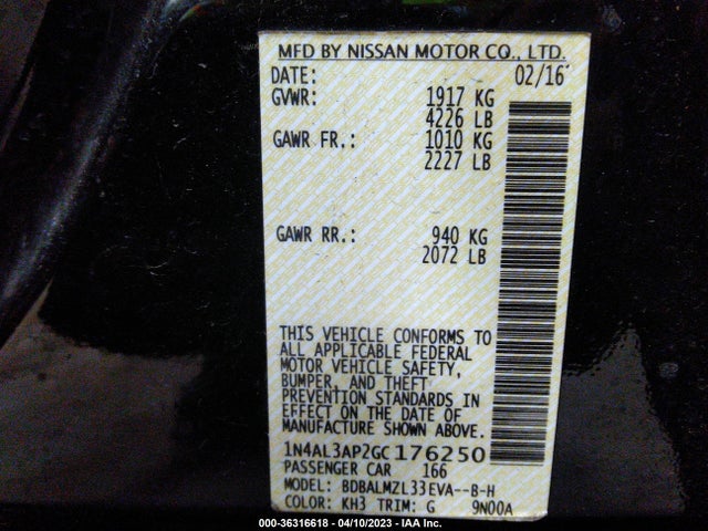 2016 NISSAN ALTIMA 2.5 SV VIN: 1N4AL3AP2GC176250