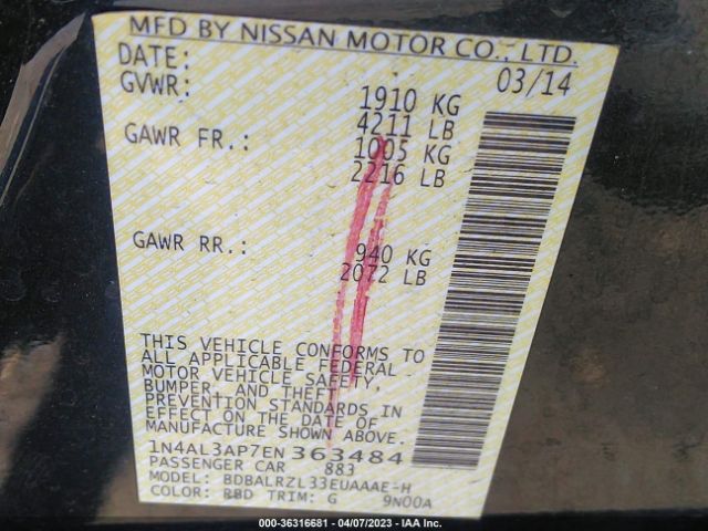 1N4AL3AP7EN363484 Nissan Altima 2.5 S