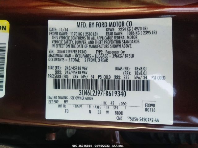 3LN6L2J97FR619340 Lincoln MKZ