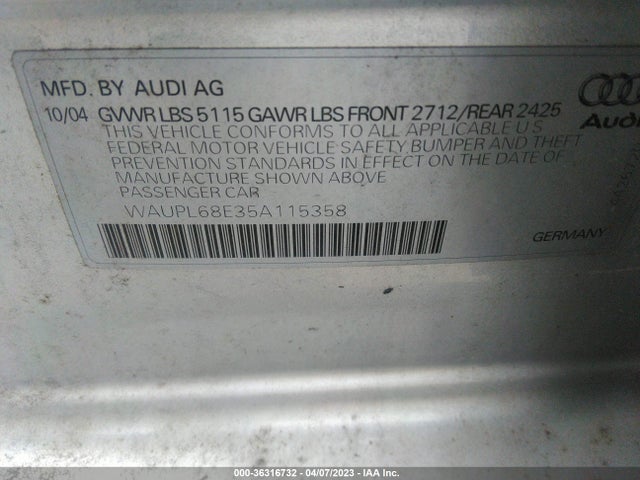 2005 AUDI S4 VIN: WAUPL68E35A115358