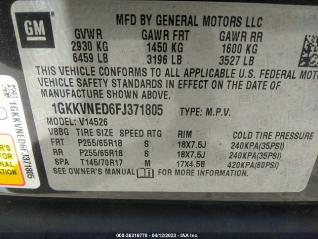 1GKKVNED6FJ371805 GMC ACADIA SLE
