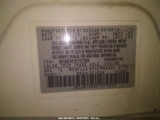 2015 NISSAN SENTRA SV VIN: 3N1AB7AP2FY377059