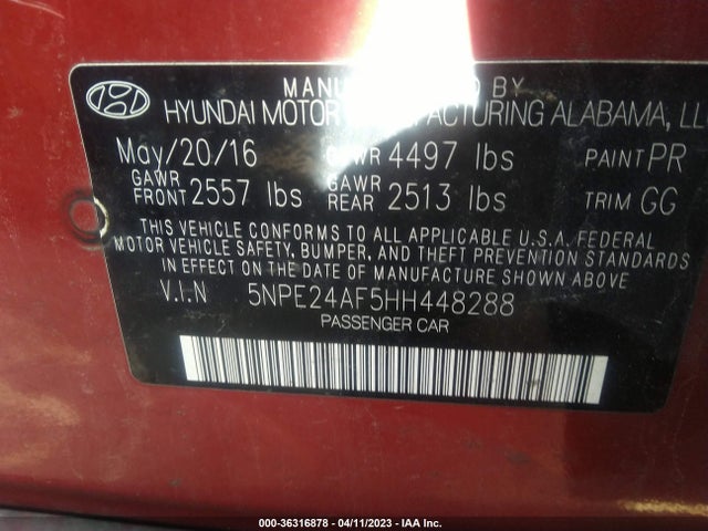 2017 HYUNDAI SONATA 2.4L VIN: 5NPE24AF5HH448288