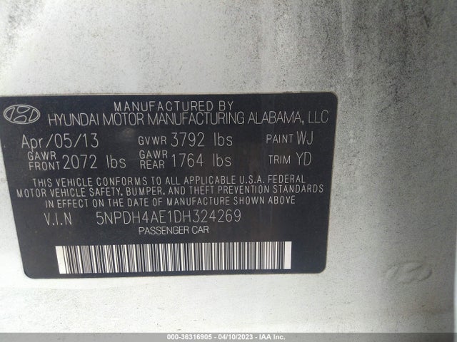 2013 HYUNDAI ELANTRA GLS PZEV VIN: 5NPDH4AE1DH324269