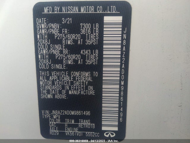 JN8AZ2AD0M9861496 Infiniti QX80 LUXE