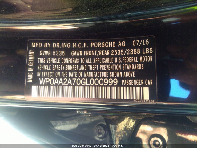 2016 Porsche Panamera, VIN: WP0AA2A70GL000999