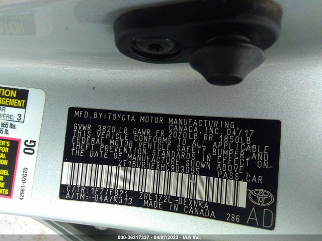 2017 TOYOTA COROLLA L/LE/XLE/SE VIN: 2T1BURHEXHC903095