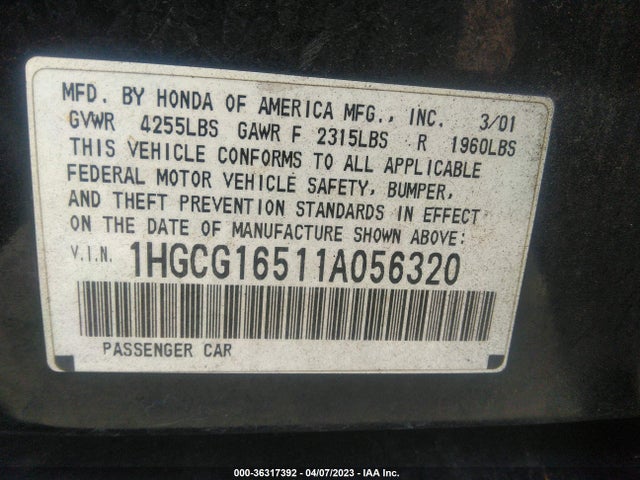 2001 HONDA ACCORD SDN EX W/LEATHER VIN: 1HGCG16511A056320