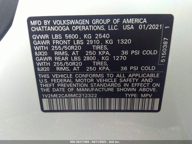 2021 VOLKSWAGEN ATLAS CROSS SPORT 3.6L V6 SE W VIN: 1V2ME2CA9MC212322