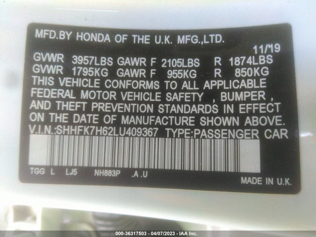Honda Civic Hatchback Ex 2020 SHHFK7H62LU409367 Image 11