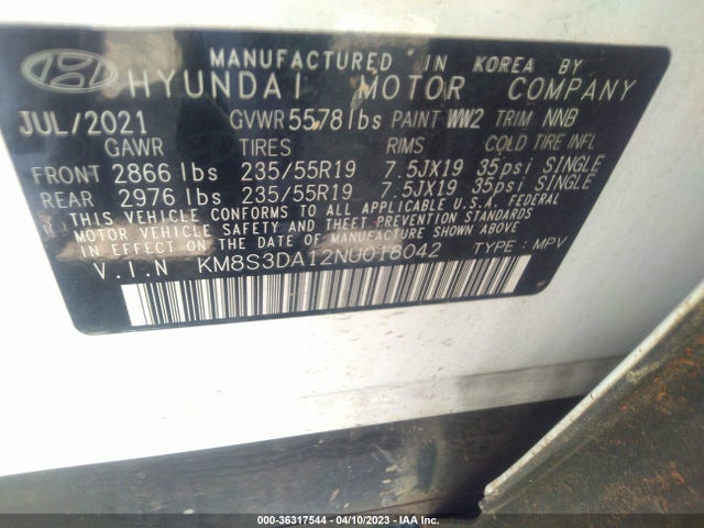 2022 Hyundai Santa Fe, VIN: KM8S3DA12NU018042
