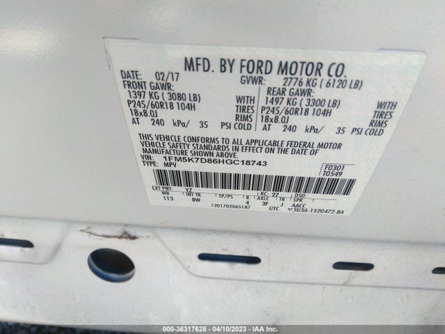 Ford EXPLORER XLT 2017 1FM5K7D86HGC18743 Image 9