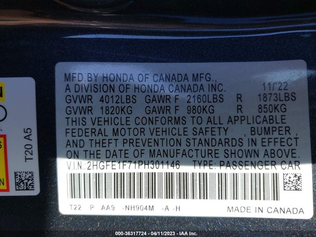 Honda l15b7 2023 2HGFE1F71PH301146 Image 21