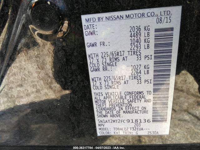 2015 NISSAN ROGUE SV VIN: 5N1AT2MT2FC918136