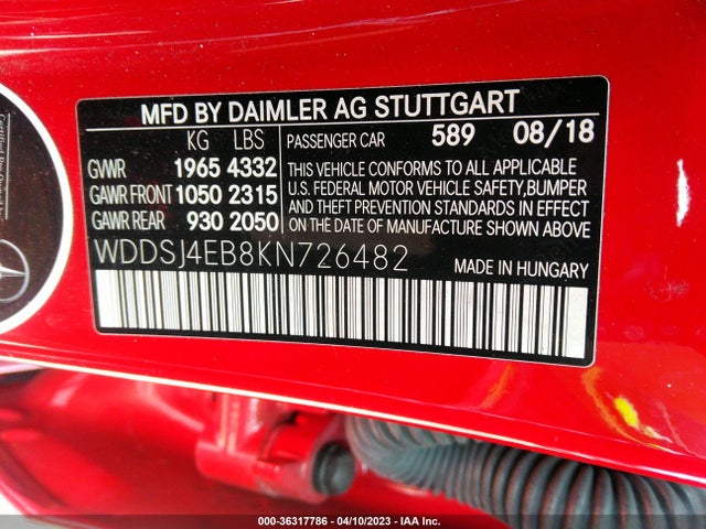 WDDSJ4EB8KN726482 Mercedes-Benz Cla Cla 250