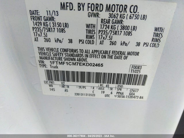 2014 FORD F-150 XL/XLT/STX VIN: 1FTMF1CM7EKD02465