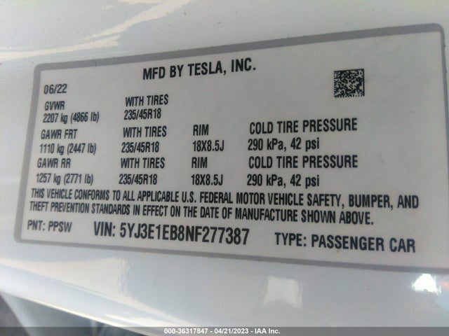 Tesla MODEL 3 2022 5YJ3E1EB8NF277387 Image 28