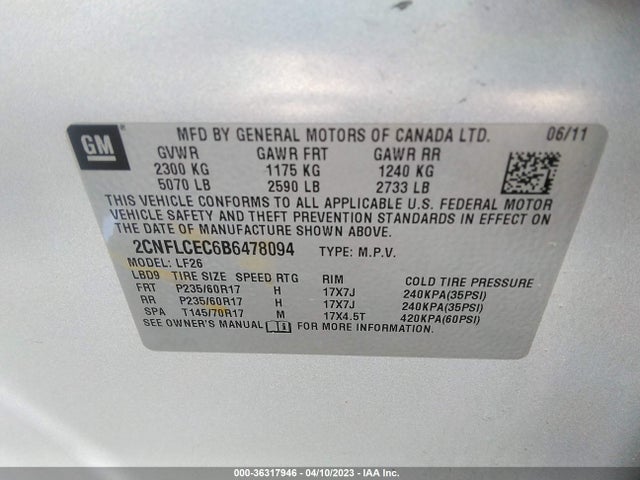 2011 CHEVROLET EQUINOX LS VIN: 2CNFLCEC6B6478094