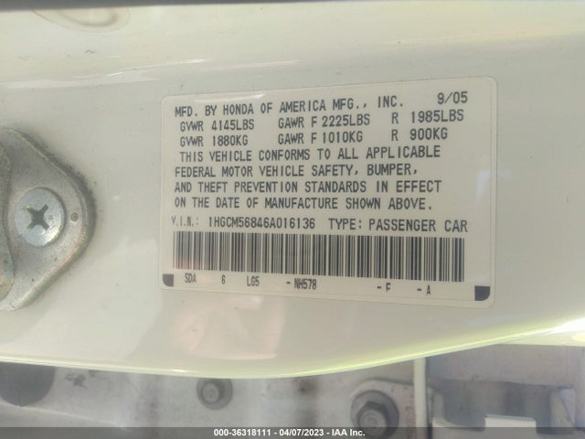 2006 HONDA ACCORD SDN EX-L VIN: 1HGCM56846A016136