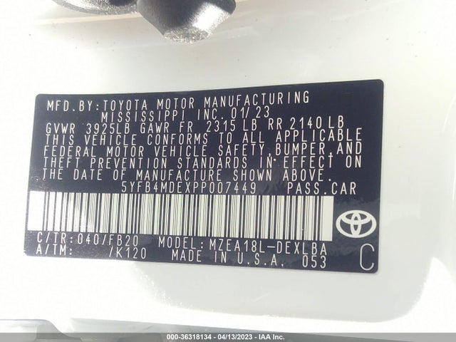 2023 TOYOTA COROLLA LE VIN: 5YFB4MDEXPP007449
