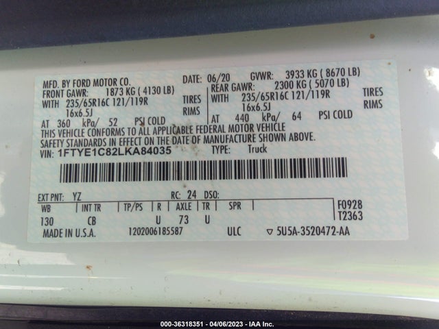 Продажа на аукционе авто 2020 Ford Transit Cargo Van, vin: 1FTYE1C82LKA84035, номер лота: 36318351