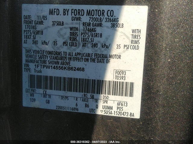 2006 FORD F-150 XLT/FX4/LARIAT/KING RANCH VIN: 1FTPW14556KB62468