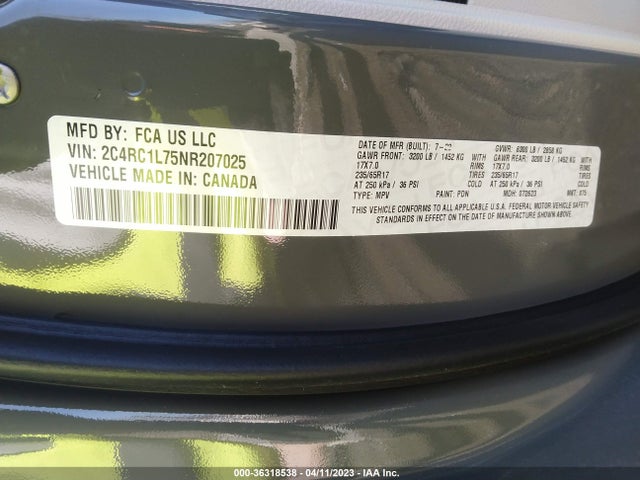 2022 CHRYSLER PACIFICA HYBRID TOURING L VIN: 2C4RC1L75NR207025
