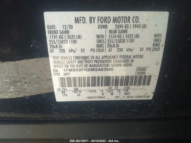 2021 FORD EXPLORER LIMITED VIN: 1FMSK8FHXMGA63940