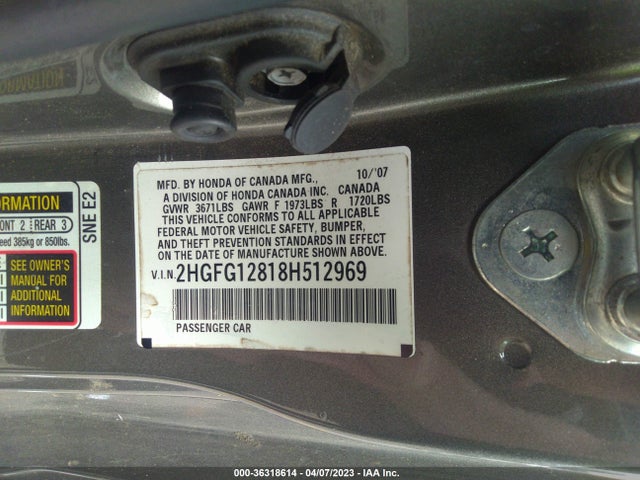 2008 HONDA CIVIC CPE EX VIN: 2HGFG12818H512969