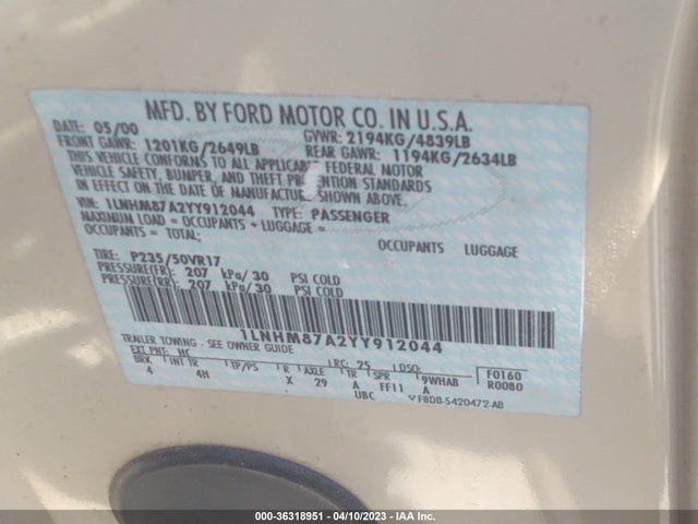 2000 LINCOLN LS VIN: 1LNHM87A2YY912044