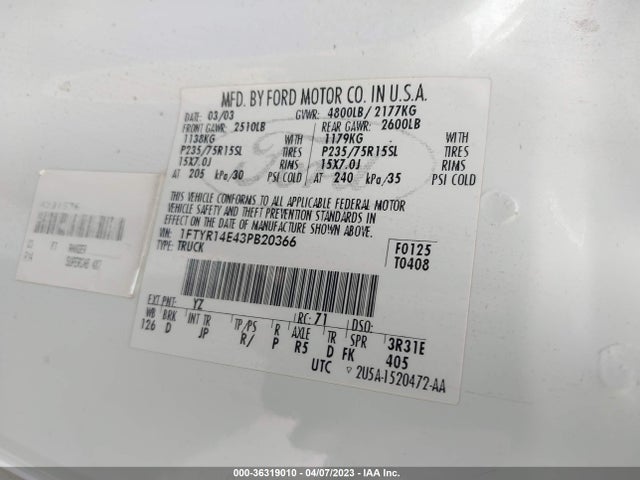 2003 FORD RANGER EDGE VIN: 1FTYR14E43PB20366
