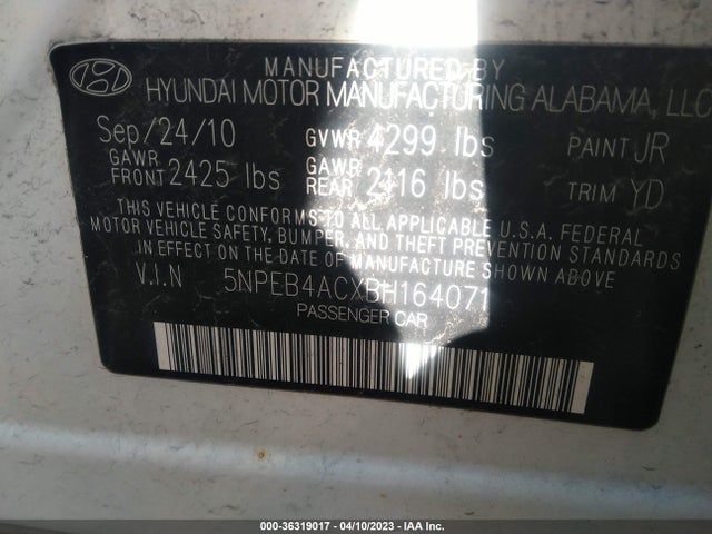 36319017 :رقم المزاد ، 5NPEB4ACXBH164071 vin ، 2011 Hyundai Sonata Gls مزاد بيع