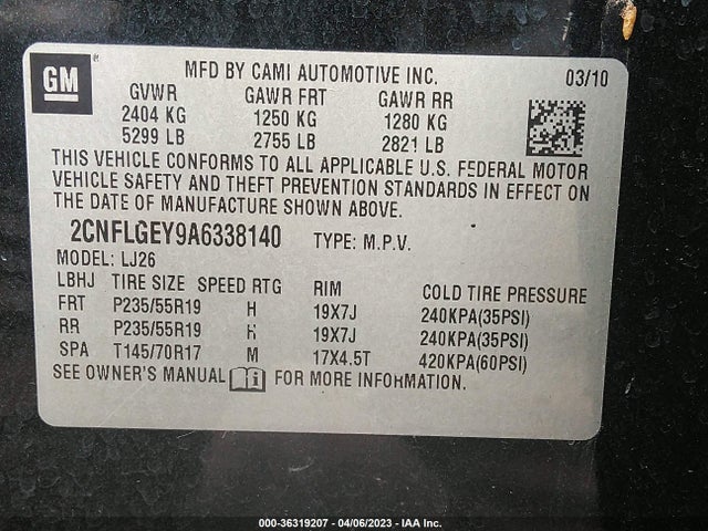 2010 CHEVROLET EQUINOX LTZ VIN: 2CNFLGEY9A6338140