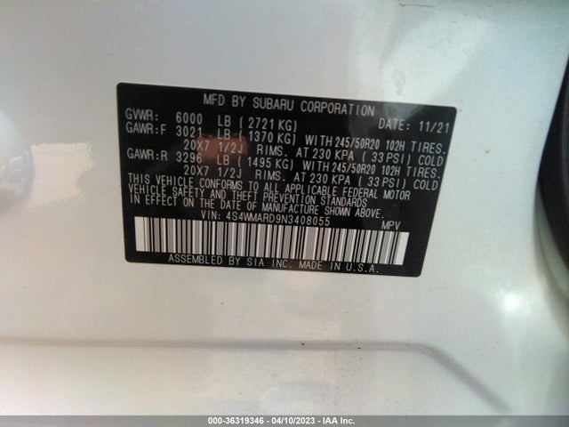 2022 SUBARU ASCENT TOURING VIN: 4S4WMARD9N3408055
