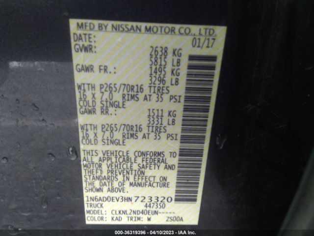 1N6AD0EV3HN723320 Nissan Frontier Sv V6