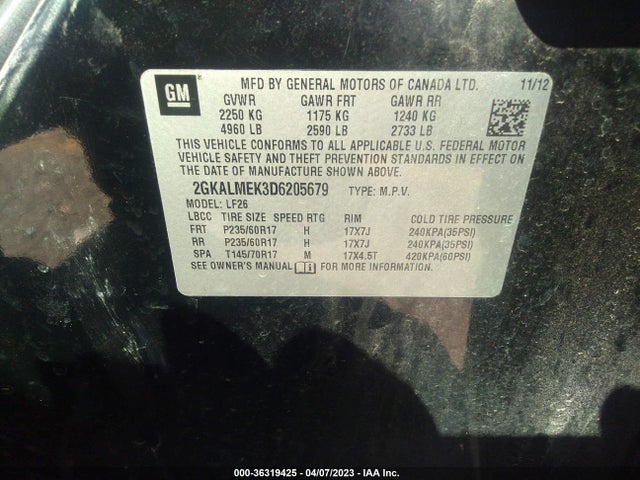2013 GMC TERRAIN SLE VIN: 2GKALMEK3D6205679
