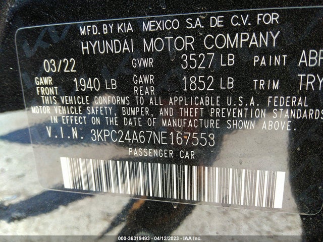 2022 HYUNDAI ACCENT SEL VIN: 3KPC24A67NE167553