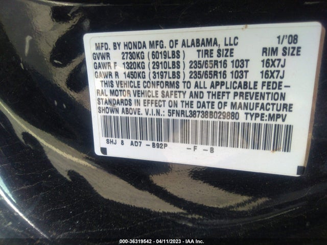 2008 HONDA ODYSSEY EX-L VIN: 5FNRL38738B029880