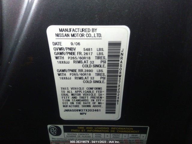 2007 INFINITI FX35 VIN: JNRAS08W27X202461