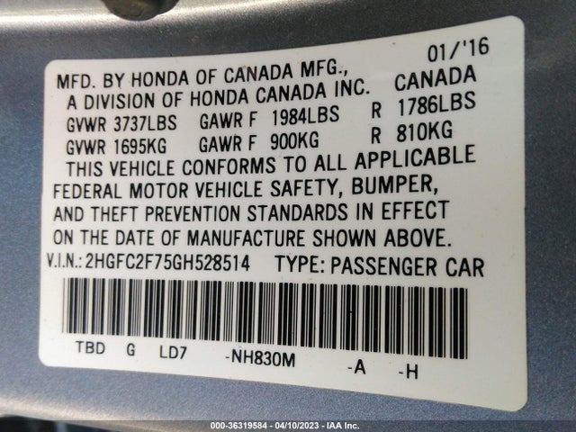 Honda Civic Sedan Ex 2016 2HGFC2F75GH528514 Image 10