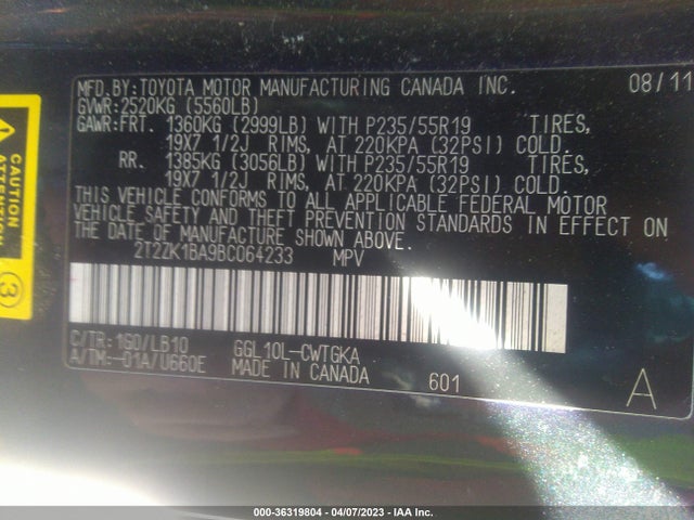 2011 LEXUS RX 350 VIN: 2T2ZK1BA9BC064233