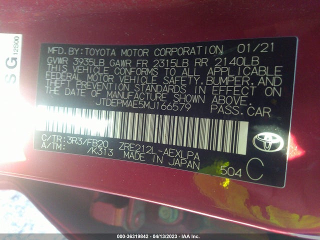 2021 TOYOTA COROLLA LE VIN: JTDEPMAE5MJ166579