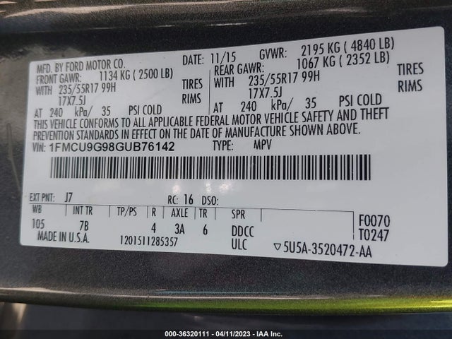 2016 FORD ESCAPE SE VIN: 1FMCU9G98GUB76142