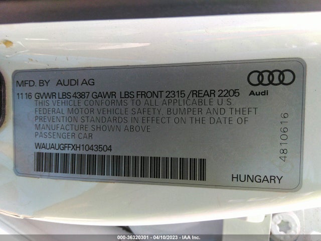 WAUAUGFFXH1043504 Audi A3 Sedan Premium