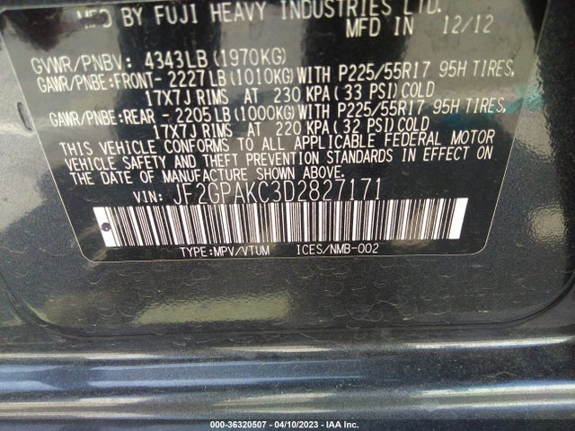 2013 SUBARU XV CROSSTREK LIMITED VIN: JF2GPAKC3D2827171
