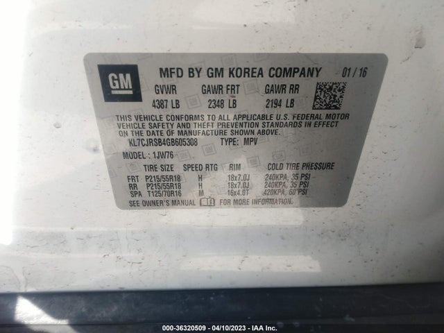 2016 Chevrolet Trax, VIN: KL7CJRSB4GB605308