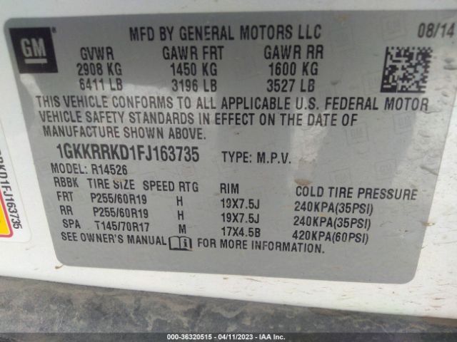 1GKKRRKD1FJ163735 GMC ACADIA SLT