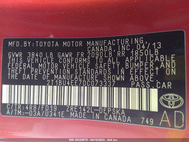 2013 TOYOTA COROLLA L/LE/S VIN: 2T1BU4EE7DC073337