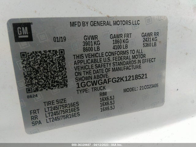 2019 CHEVROLET EXPRESS CARGO VAN VIN: 1GCWGAFG2K1218521