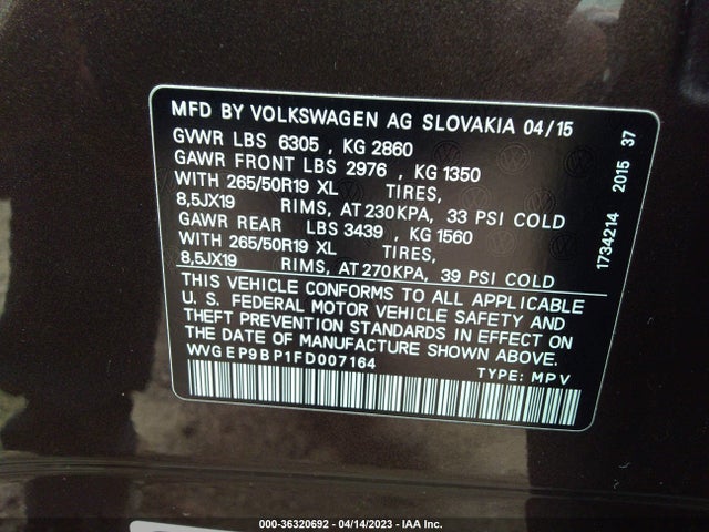 2015 Volkswagen Touareg, VIN: WVGEP9BP1FD007164